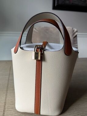 Cream and Brown Genuine Leather Bucket Bag (Designer Inspired)